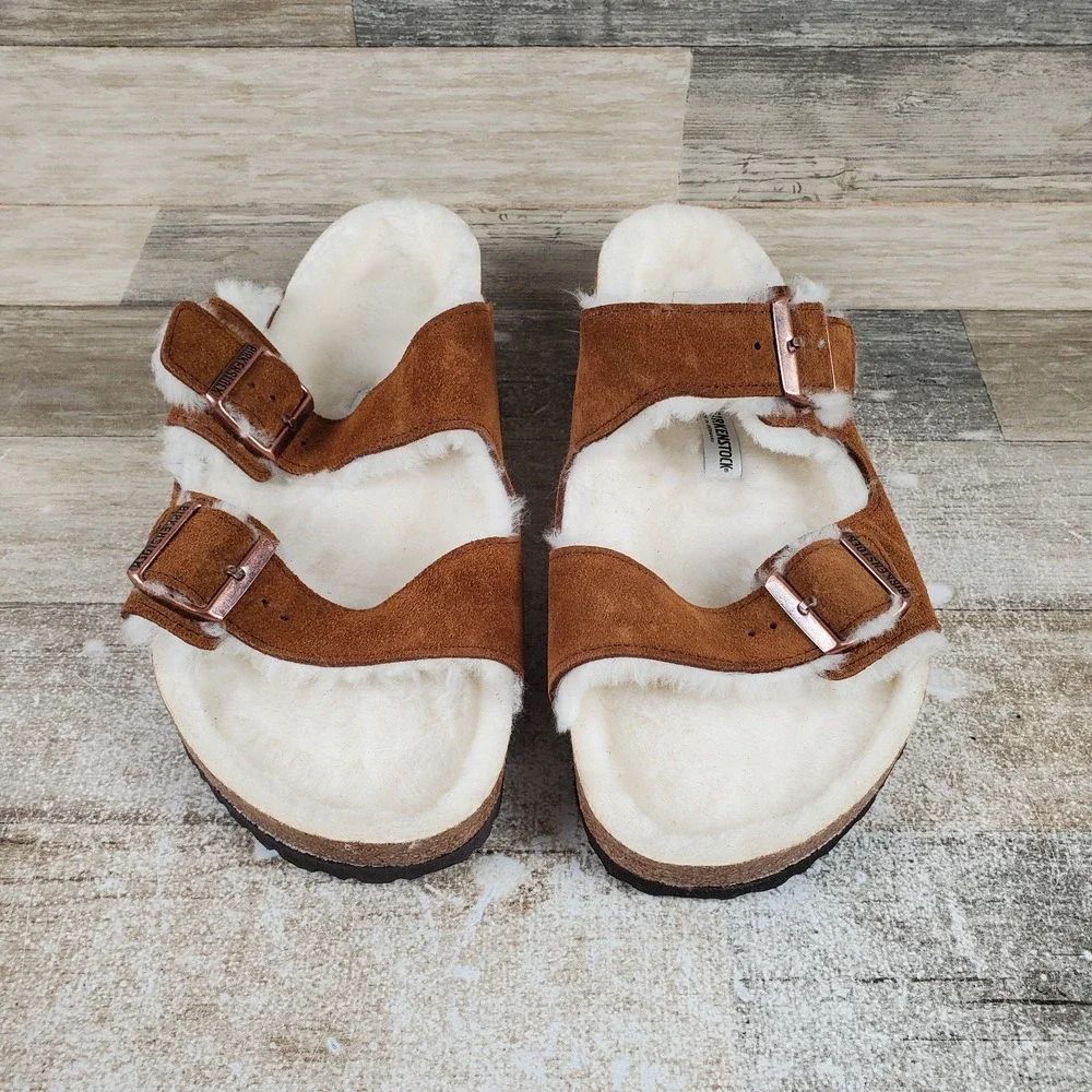 Birkenstock Arizona Shearling Sandals Mens 12 Mink Suede Adjustable Straps Lined